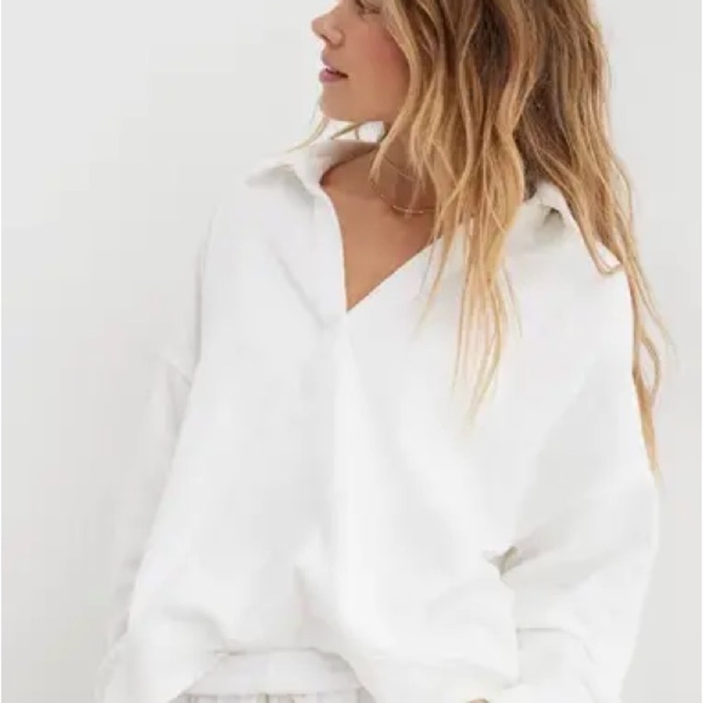 Aerie Collared Oversized Crewneck White V-Neck Sweater